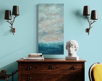 Vertical Wall Art, One of a Kind Minimalist Ocean Oil Painting, Original Moody Cloud Art, 20x40 Navy Blue Nautical Palette Knife Artwork