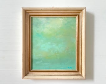 Small Green Abstract Original Painting in Vintage Painted Wood Frame