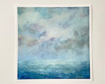 Blue Seascape Art Print: Abstract Ocean, Sky and Clouds Giclee