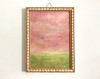 Original Pink and Green Painting on Canvas, Small Framed Pink Cloud Wall Art, Serene Minimalist Landscape in Oil Paint