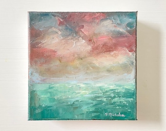 Mini Oil Painting: Abstract Mauve Sunset Landscape, Palette Knife Art (6x6)
