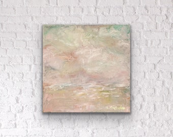 Blush Pink Wall Art, Small Pink Clouds Original Painting, Abstract Pastel Colors Artwork on Canvas