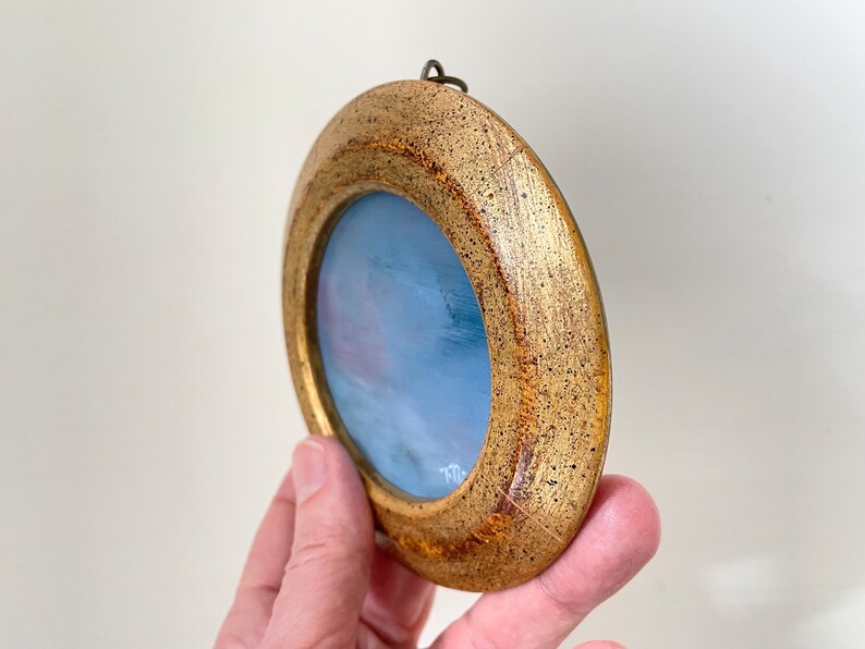 Miniature Gold Framed Round Cloud Oil Painting, Blue Abstract Wall Art