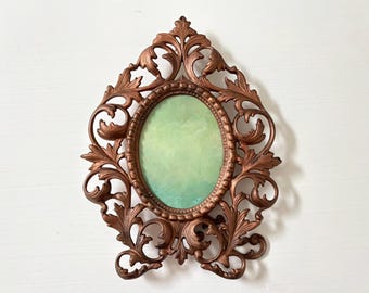 Miniature Framed Art on Canvas, Original Signed Green Oval Abstract Oil Painting