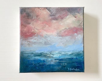 Misty Cloud Painting, Tiny Ocean and Sky Abstract Impressionist Style Art