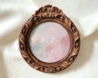 Framed Cloud Oil Painting: Round Miniature Skyscape in Floral Frame