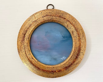 Round Abstract Blue Cloud Night Sky Painting in Gold Frame
