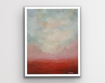 Small Red and Blue Abstract Landscape Giclee Art Print on Paper, Original 11 x 14 Colorful Sky and Clouds Gallery Wall Decor