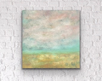 Tracey Nicholas Original Fall Sky and Clouds Palette Knife Artwork on 24x24 Canvas, Mint Green and Gold Unique Fall Abstract Oil Painting