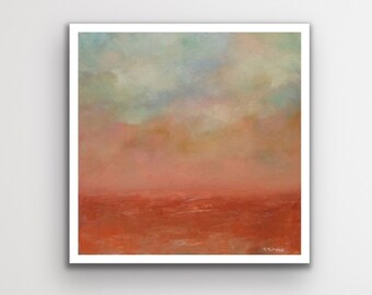 Fall Colors Abstract Landscape, Small Giclee Art Print, Original 12 x 12 Modern Artwork, Blue and Orange Sky and Clouds Wall Decor