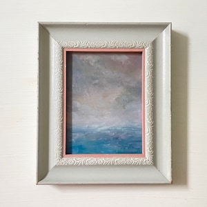 Original Ocean Painting in Vintage Wooden Frame, Abstract Blue and Gray Palette Knife Art on Canvas