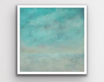 Winter Art Print on Paper, Small 12 x 12 Blue and White Abstract Landscape, Original Snow Sky and Clouds Giclee Artwork, Modern Wall Decor