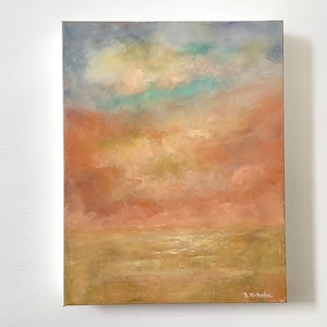 Abstract Landscape Art on Canvas, Small Original Oil Painting, Yellow Orange and Blue Artwork, 11 x 14 Sky and Clouds Palette Knife Painting