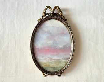 Framed Oval Painting in Vintage Frame, Original Soft Abstract Rainy Day Clouds Landscape Art