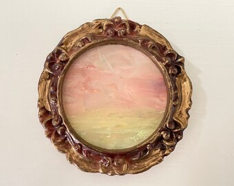 Round Abstract Landscape Oil Painting on Canvas, Small Original Pink and Yellow Cloud Art