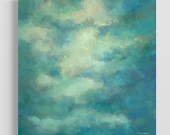 Moody Sky Art, Original Modern Dark Blue Green Clouds Oil Painting, Rainy Day Palette Knife Art by Tracey Nicholas