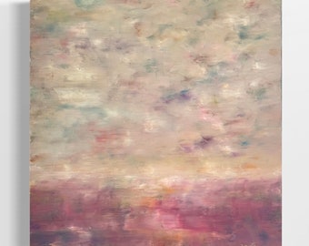 Muted Pink Moody Abstract Landscape Wall Art, Original 24x24 Square Palette Knife Painting on Canvas with Light Ethereal Sky and Clouds