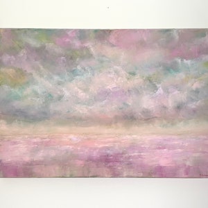 May include: Abstract painting of a cloudy sky over a pink and purple sea. The sky is a mix of light green, gray, and purple, with white clouds. The sea is a soft pink and purple, with a hint of gold in the distance.