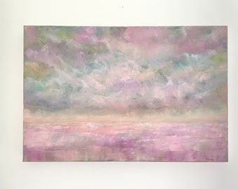 Large Pink Painting With Storm Clouds, Original Oil Paint on Canvas Art