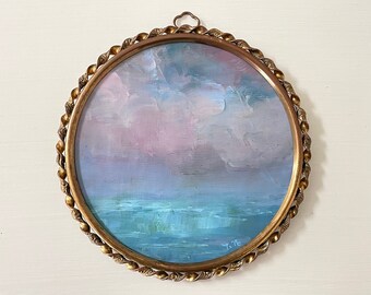 Framed Original Blue Abstract Ocean Painting in Vintage Round Frame