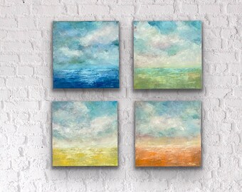 Four Seasons Paintings, Original Modern Landscape Art, Set of 4 10x10 Canvases in Oil Paint, Colorful Ocean and Nature Scenes