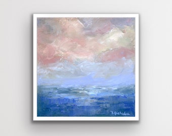 Ocean Art Print, Pink Clouds Artwork, Navy Blue Seascape Artwork by Tracey Nicholas