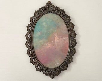 Oval Oil Painting in Vintage Decorative Metal Frame, Small Original Pink Sky Art on Canvas