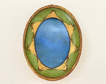 Oval Original Framed Artwork, Small Abstract Oil Painting on Canvas in Vintage Green and Gold Frame