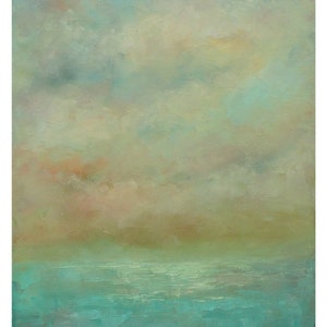 Puede incluir: Una pintura al &oacute;leo original que representa un paisaje marino con una atm&oacute;sfera serena. La obra presenta un oc&eacute;ano turquesa bajo un cielo de suaves tonos azules, verdes y melocot&oacute;n. Las pinceladas crean un efecto texturizado, evocando una sensaci&oacute;n de calma y tranquilidad. Firmado por el artista.