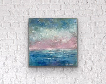 Ocean Theme Minimalist Wall Art, 6x6 Deep Blue Sea and Clouds Mini Oil Painting on Canvas, Original Coastal Inspired Palette Knife Art