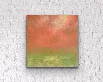 Pink and Green Oil Painting, Original Abstract Landscape, Sky Clouds and Field Painting, Small 12 x 12 Palette Knife Art on Canvas