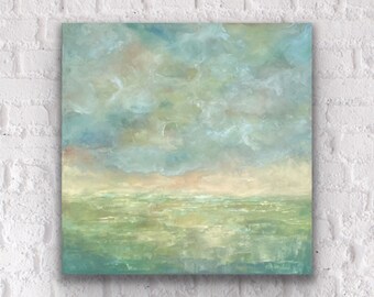 Moss Green Abstract Landscape with Rain Clouds, One of a Kind Original Soft Blue Sky Painting on Canvas, 16x16 Muted Color Palette Artwork