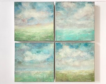 Abstract Landscape Oil Painting Set: Mint Green Cloud Art, 10x10 Canvas