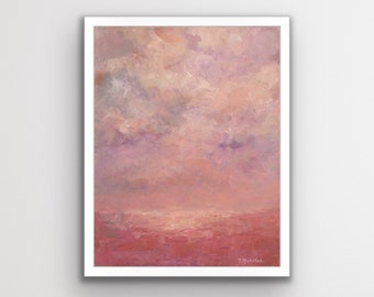 Bright Pink and Red Modern Abstract Landscape with Dramatic Storm Clouds and Sky Art Print, Small 11x14 Original Unique Entryway Decor