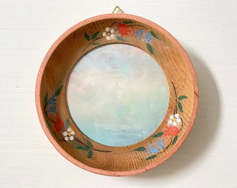 Framed Blue Abstract Art in Vintage Round Floral Painted Wood Frame