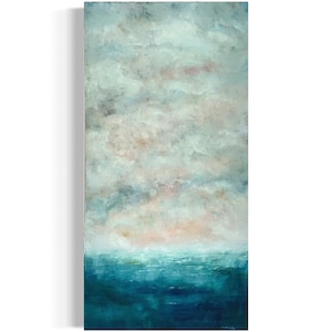 Original Navy Blue Ocean Oil Painting: Moody Cloud Art (20x40)