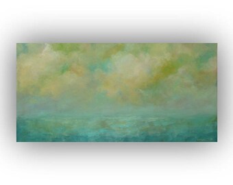 Green and Yellow Abstract, Cloud and Sky Painting, Oil Painting on Canvas, Palette Knife, 15 x 30 Original Landscape Art