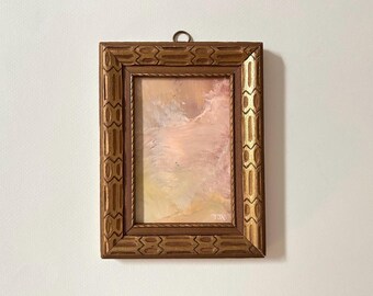 Miniature Oil Painting in Vintage Gold Frame, Original Abstract Pink Art on Canvas