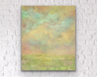 Dramatic Sky Painting for Entryway Focal Piece Art, 20x24 Yellow and Green Spring Clouds Artwork on Canvas, Original Modern Landscape Art