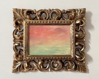 Abstract Painting in Vintage Gold Frame, Original Pink and Green Landscape Art on Canvas