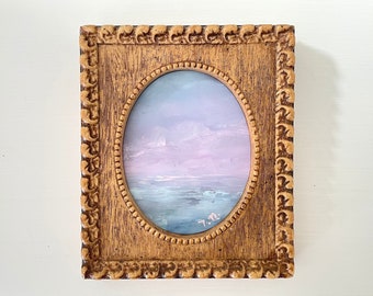 Miniature Original Seascape Oil Painting on Canvas, Oval Art in Vintage Picture Frame