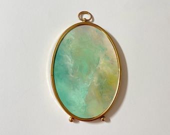 Blue Abstract Cloud Painting in Vintage Oval Brass Frame, One of a Kind Framed Art