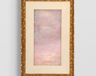 Gold Framed Pink Landscape Oil Painting, Original Vertical Rainy Day Cloud and Sky Art, Pastel Colors Artwork