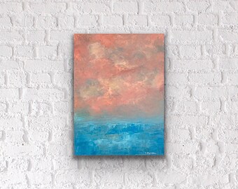 Pink Clouds Oil Painting on Canvas, Small 9 x 12 Original Abstract Seascape Palette Knife Art