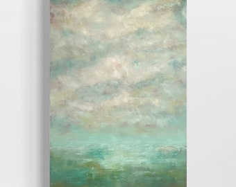 Green Wall Art, Original Large Scale Modern Abstract Sky Oil Painting, 20 x 30 Vertical Palette Knife Cloud Artwork by Tracey Nicholas