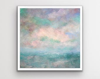 Fine Art Print of Original Abstract Ocean Landscape with Pink Clouds and Turquoise Sky, 16x16 Sunrise Nature Scene with Soothing Colors