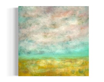 Pintura abstracta Cielo de otoño: Paisaje en verde menta y dorado sobre lienzo de 24x24 pulgadas.