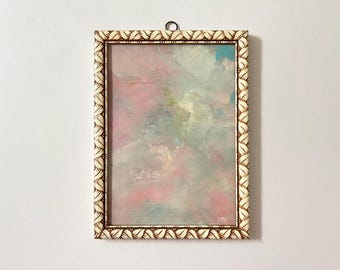 Vintage Framed Original Oil Painting, Small Pink and Blue Abstract Cloud Art on Canvas