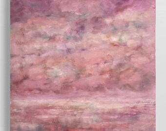 Contemporary pink abstract canvas art. Original purple large scale one of a kind 30x30 square clouds fine art.