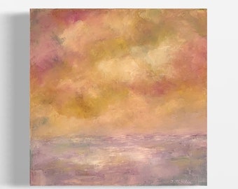 Small Oil Painting, Original Cloud Abstract Landscape, 12 x 12 Atmospheric Gold and Purple Wall Art on Canvas by Tracey Nicholas